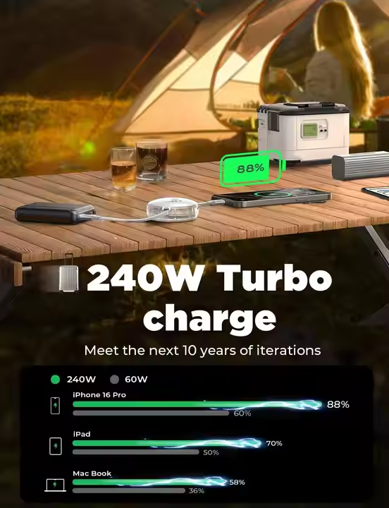 240W Retractable USB C to USB C Retractable Fast Charging Cable